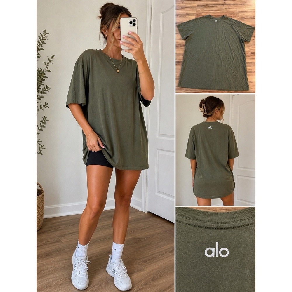 Alo Yoga Oversized T Shirt 2XL Olive Green Crew Neck Gym Athleisure Training